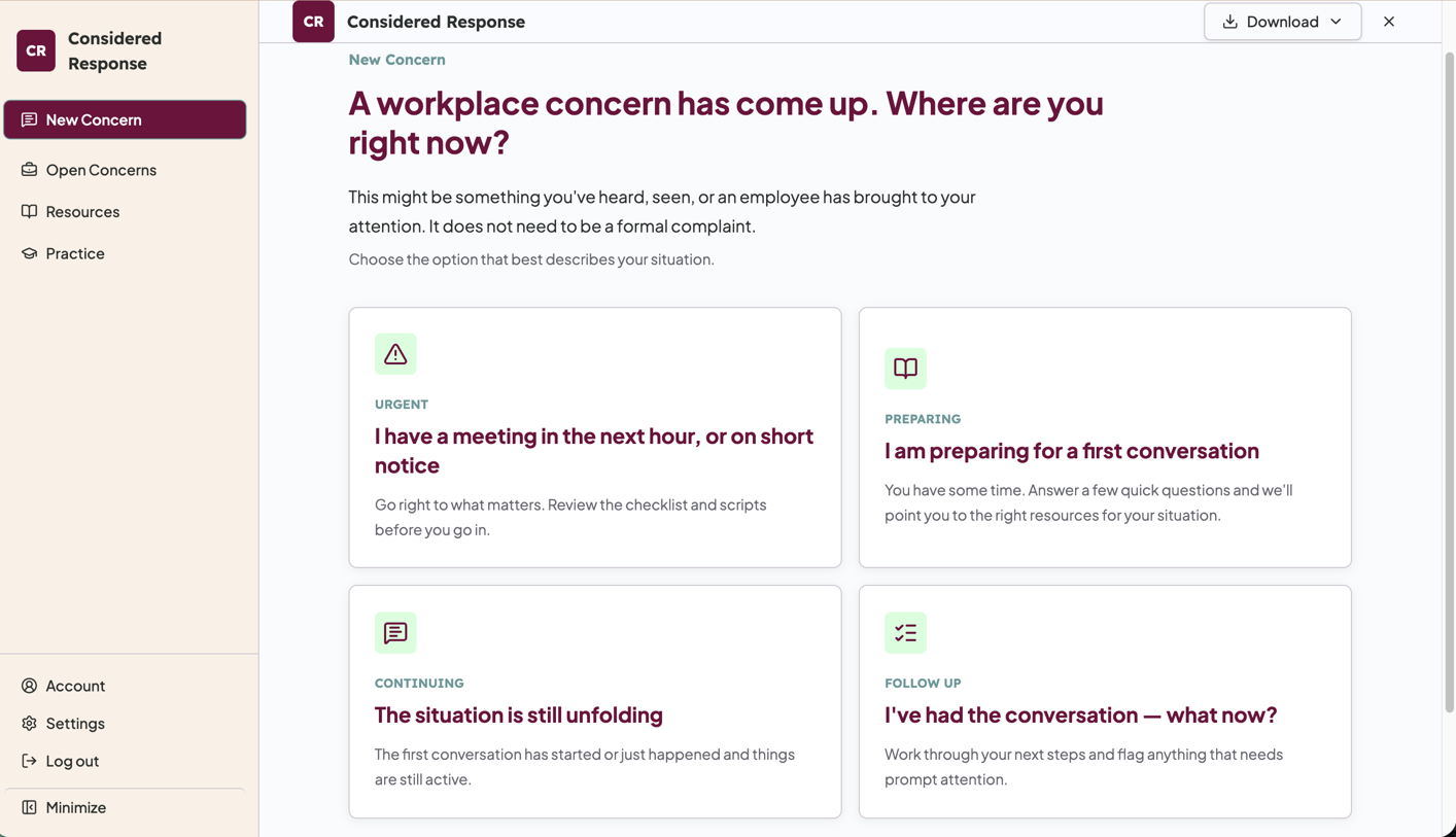 Considered Response app — New Concern screen showing the four paths: Urgent, Preparing, Continuing, and Follow up